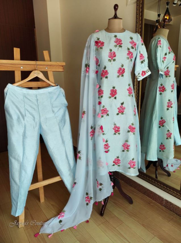 Powder blue hand painted kurta pant with dupatta