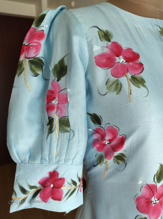 Powder blue hand painted kurta pant with dupatta
