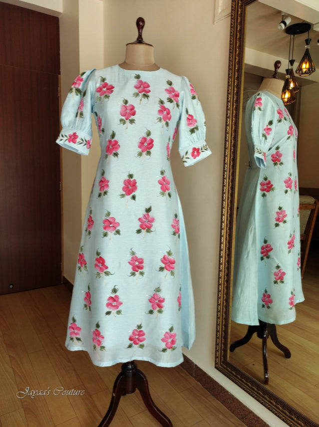 Powder blue hand painted kurta pant with dupatta