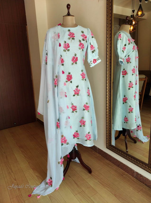 Powder blue hand painted kurta pant with dupatta