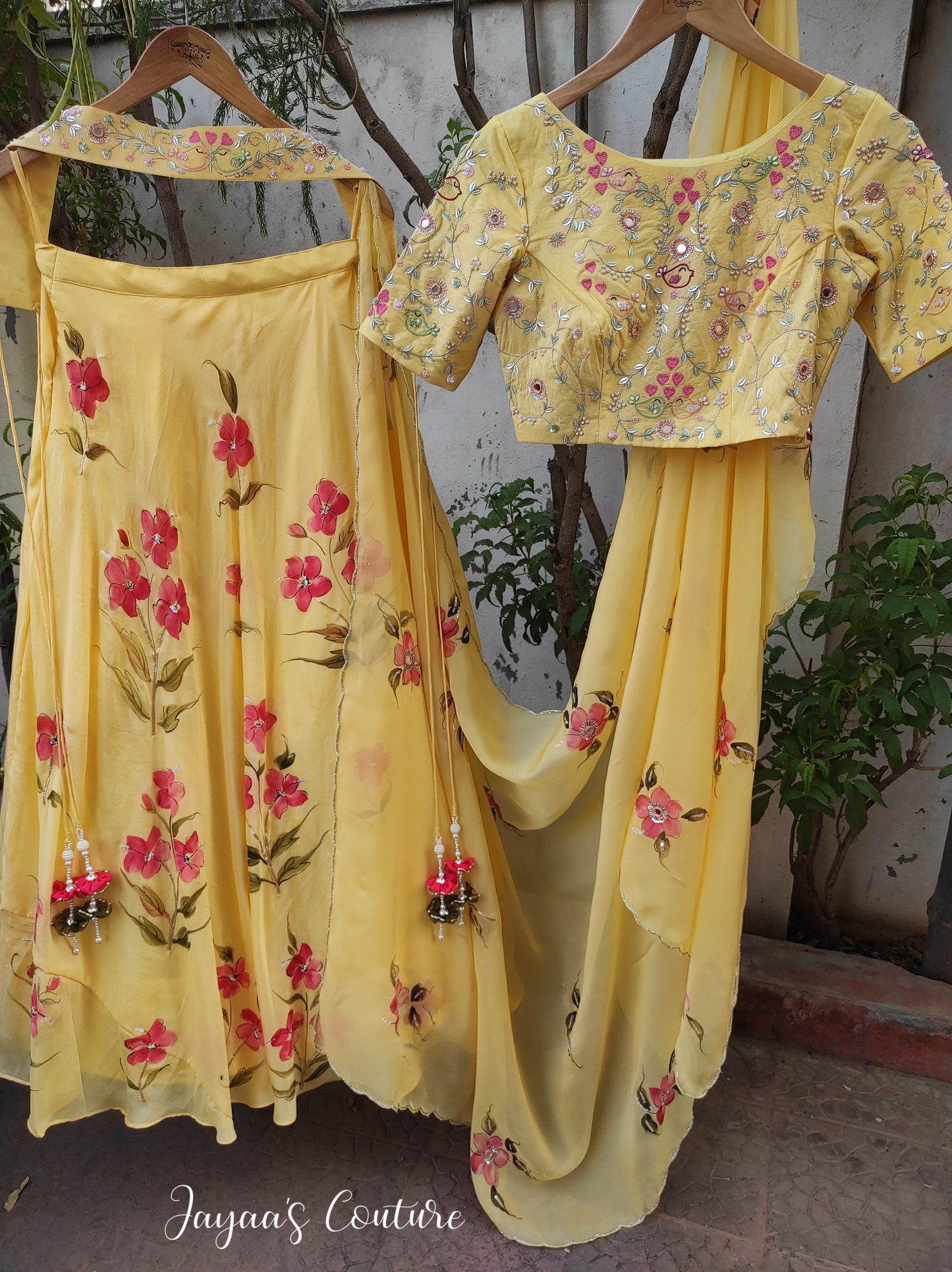 pastel yellow hand painted lehenga set