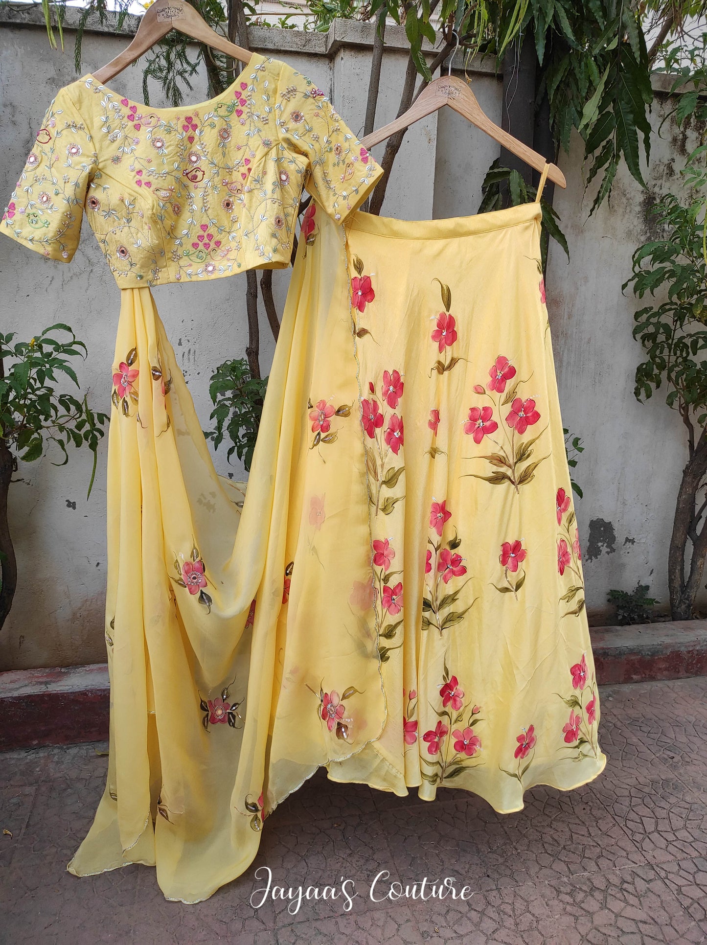 pastel yellow hand painted lehenga set