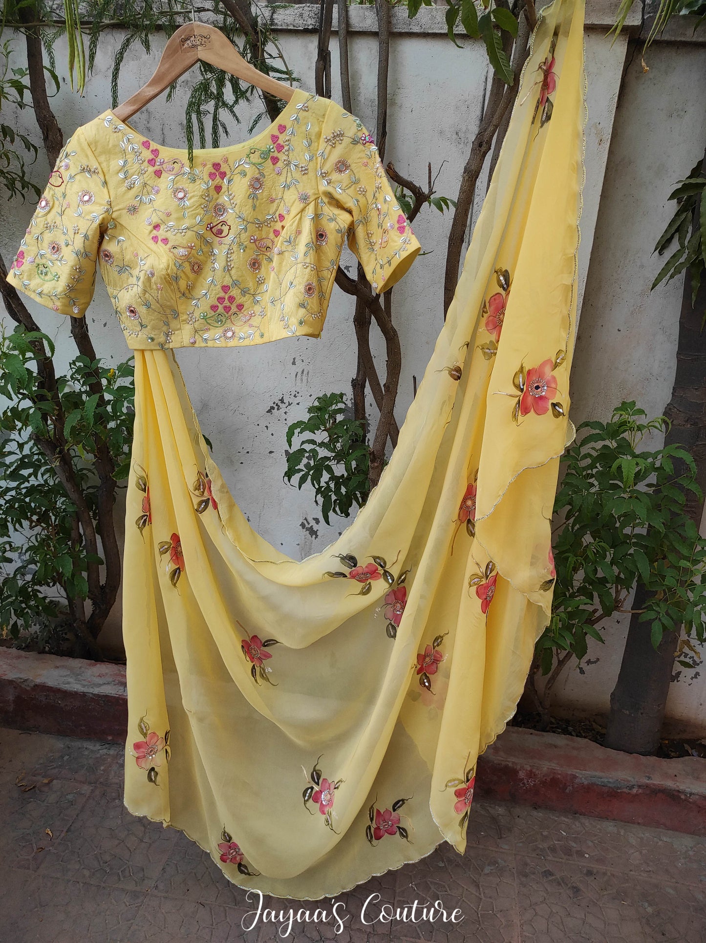 pastel yellow hand painted lehenga set