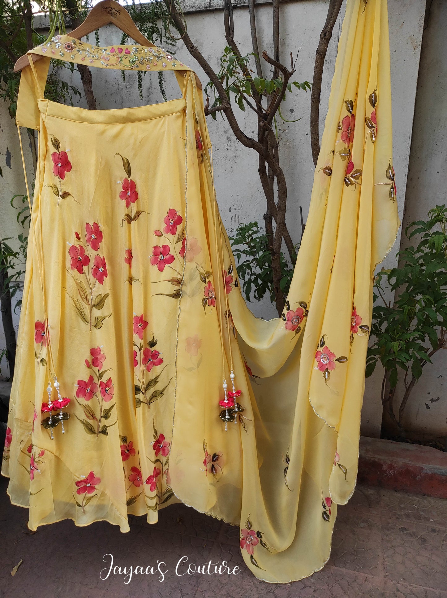 pastel yellow hand painted lehenga set