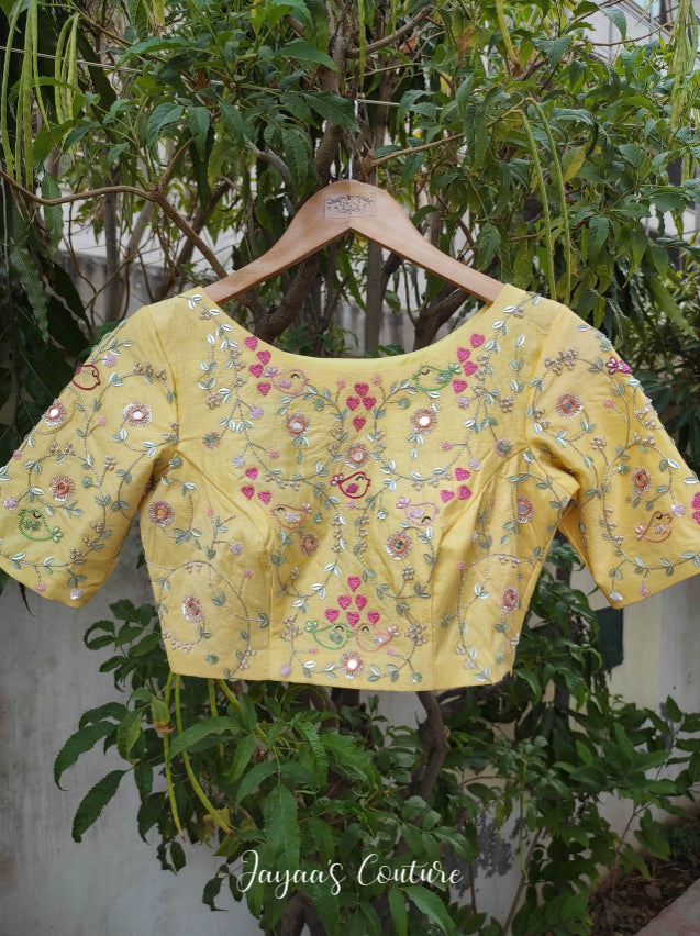 pastel yellow hand painted lehenga set
