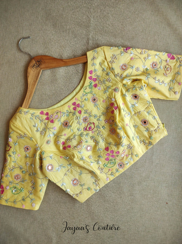 pastel yellow hand painted lehenga set