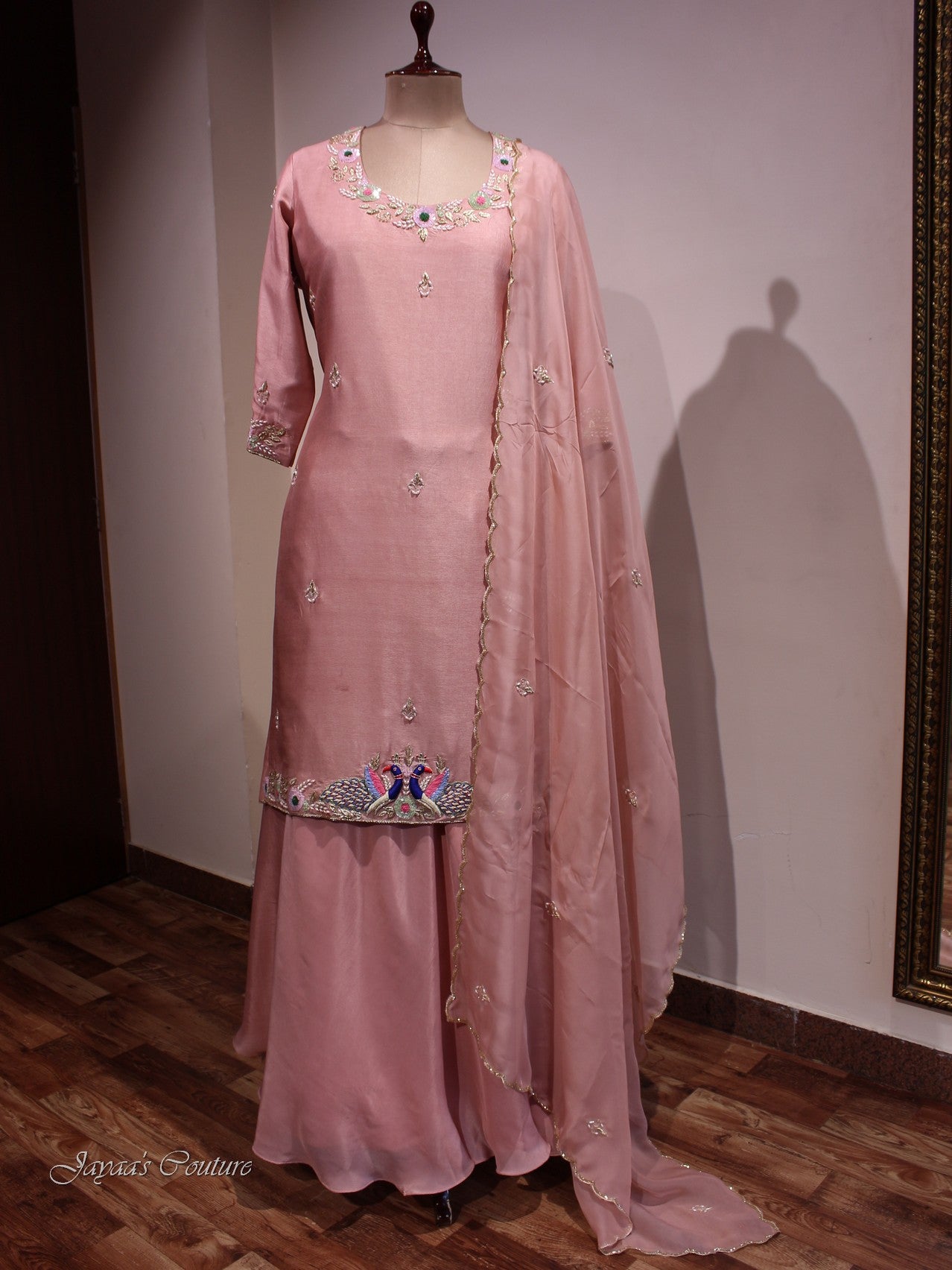 Peach short kurta skirt with dupatta