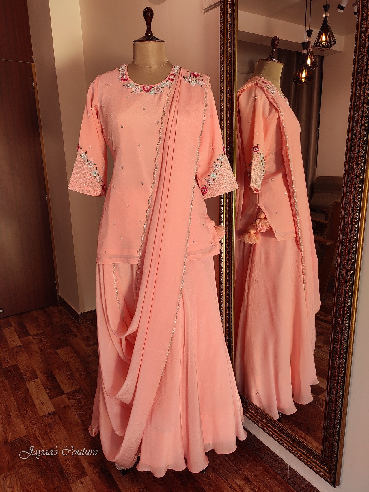 Peach kurta with skirt and drape dupatta