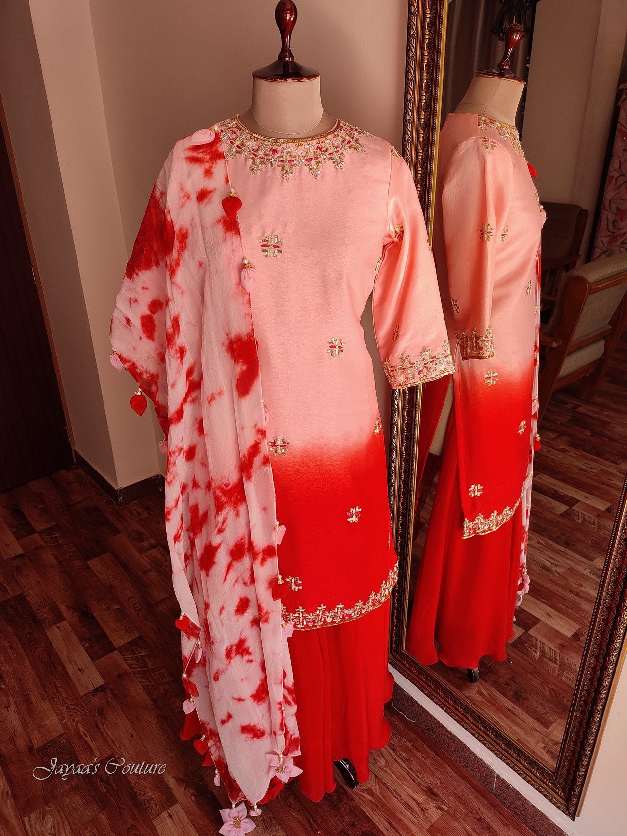 peachish Red shaded kurta with flared palazzo and dupatta