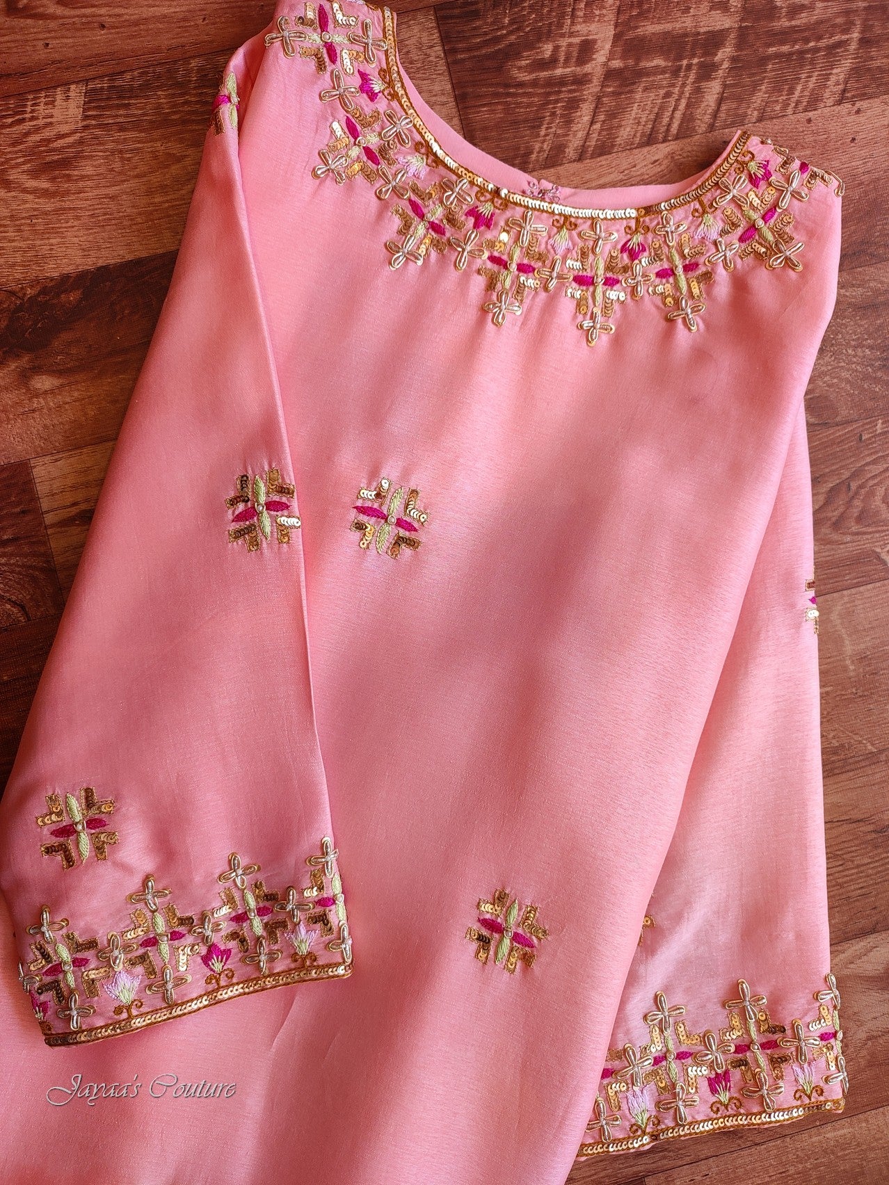 peachish Red shaded kurta with flared palazzo and dupatta