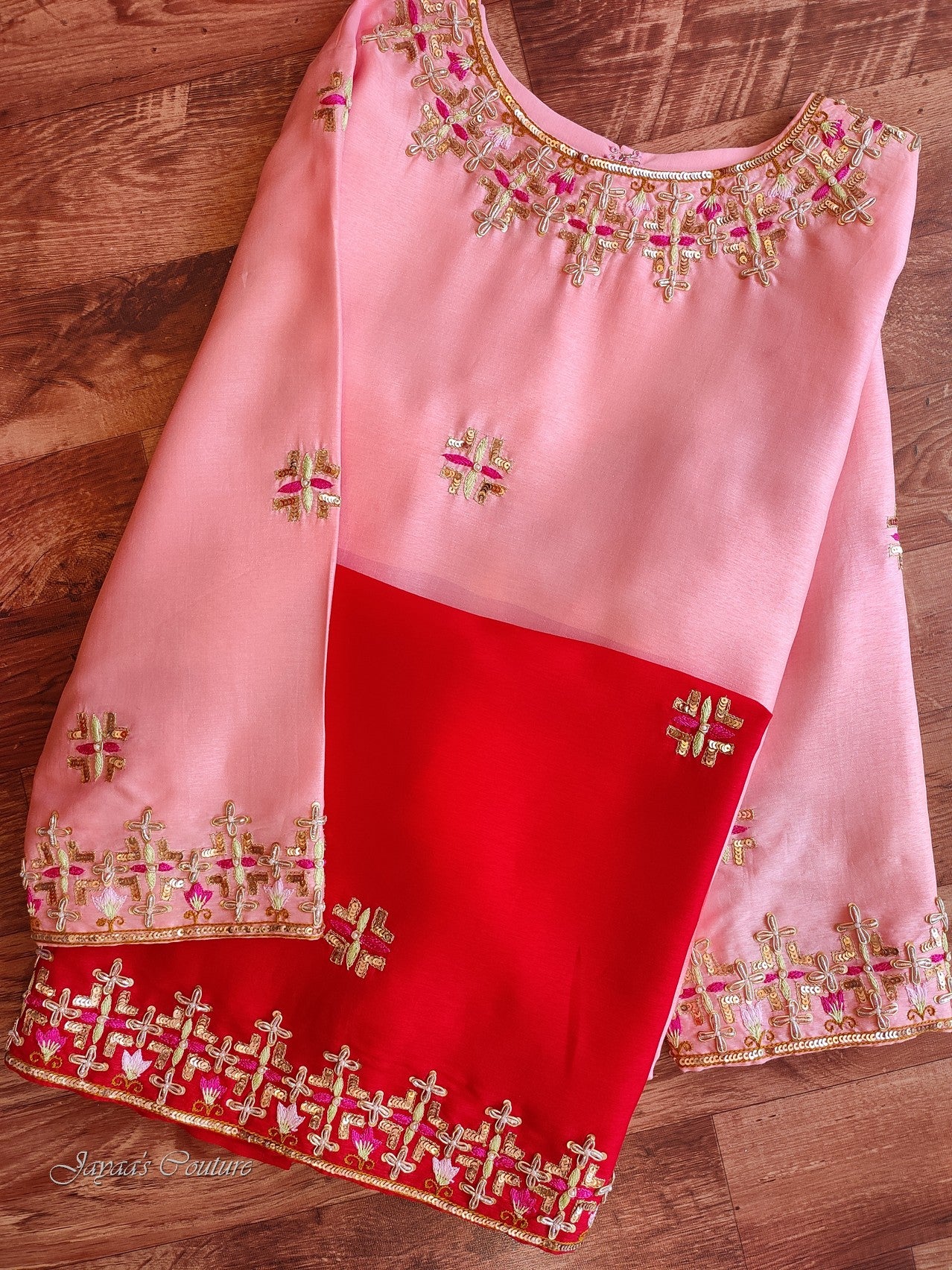 peachish Red shaded kurta with flared palazzo and dupatta