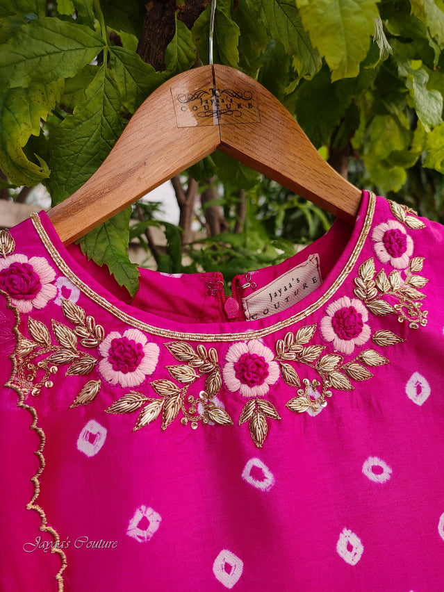 Rani Bandhani Kurta With Skirt & Dupatta