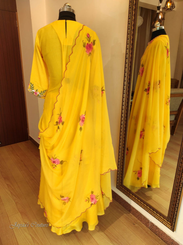 Yellow kurta with skirt & hand painted dupatta