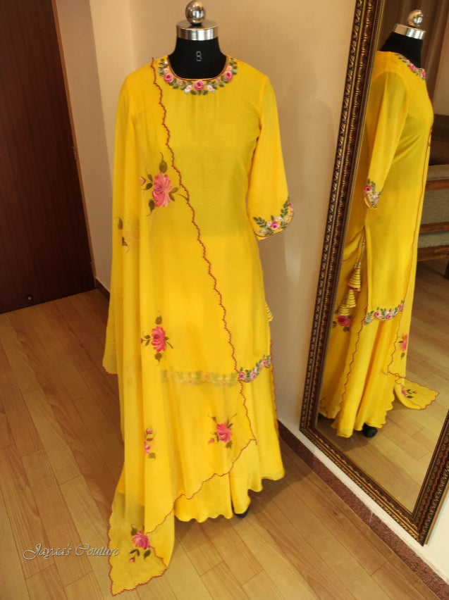 Yellow kurta with skirt & hand painted dupatta