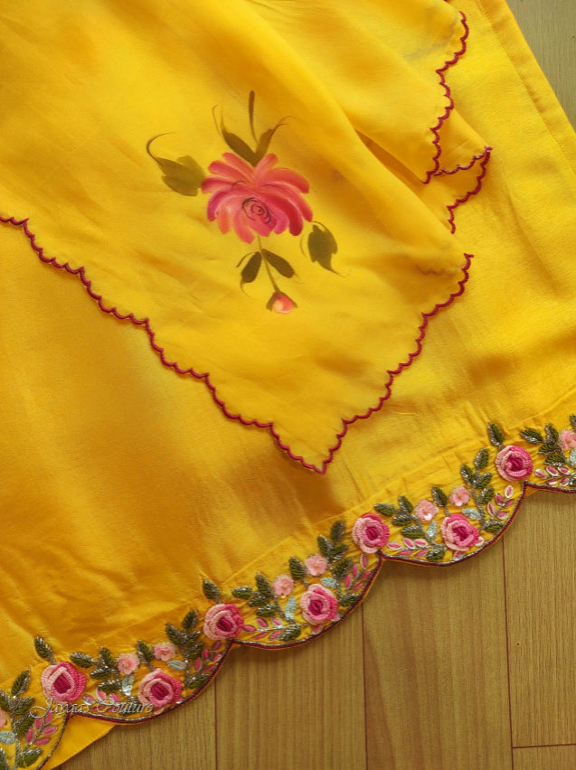 Yellow kurta with skirt & hand painted dupatta