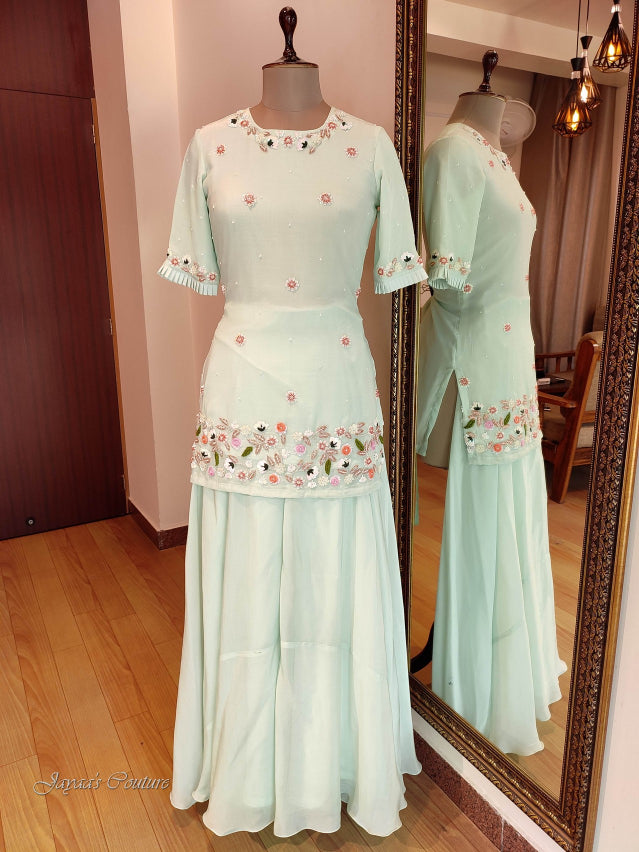 Pastel pista green kurta with flared plazo & dupatta