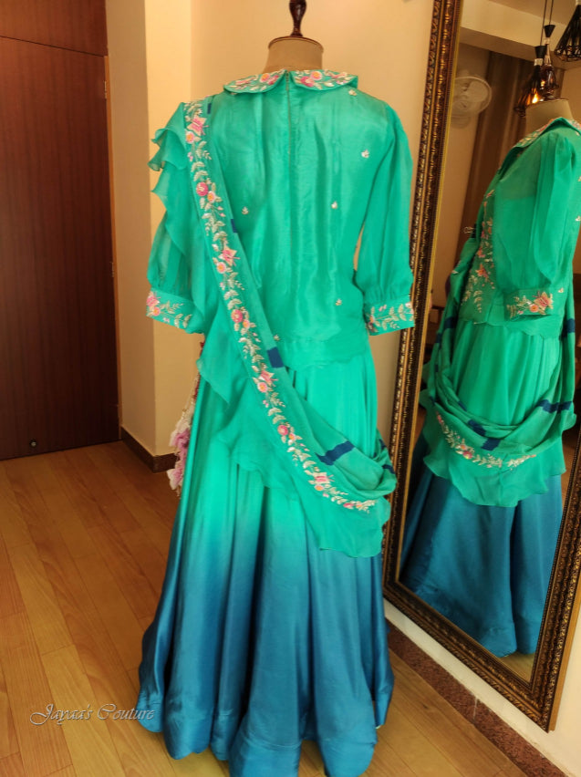 Greenish blue ombre skirt with top & drape dupatta