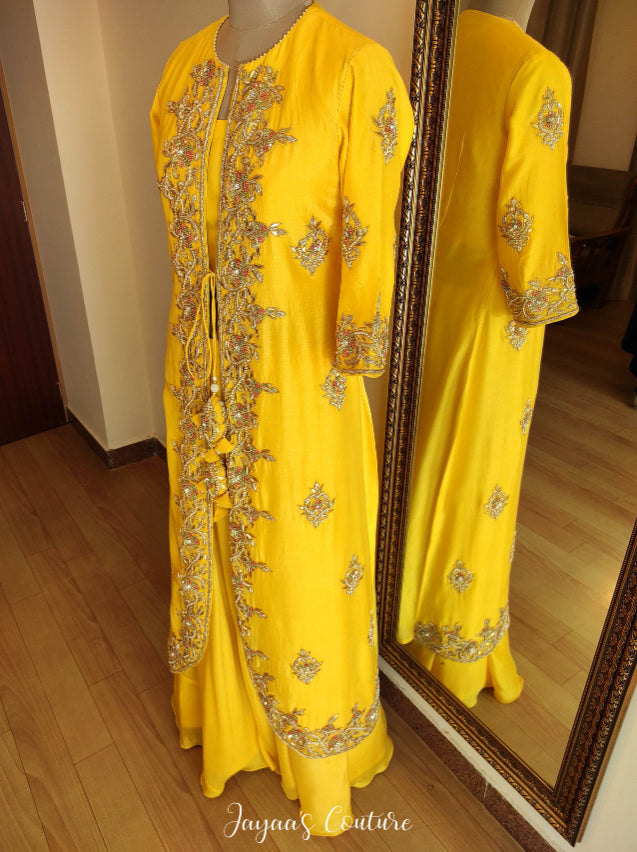 Yellow crop top skirt with jacket