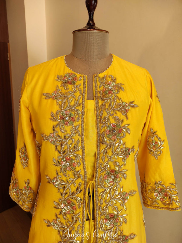 Yellow crop top skirt with jacket