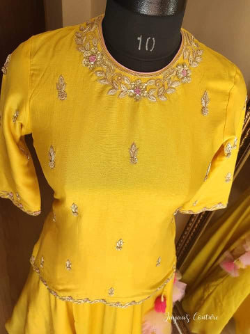 Yellow short kurti with skirt and dupatta
