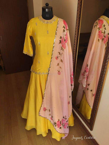 Yellow short kurti with skirt and dupatta