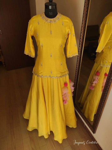 Yellow short kurti with skirt and dupatta