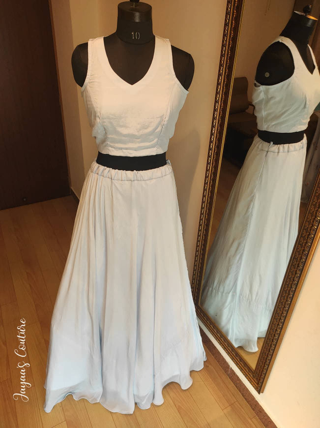 Pastel powder blue skirt crop top and shrug