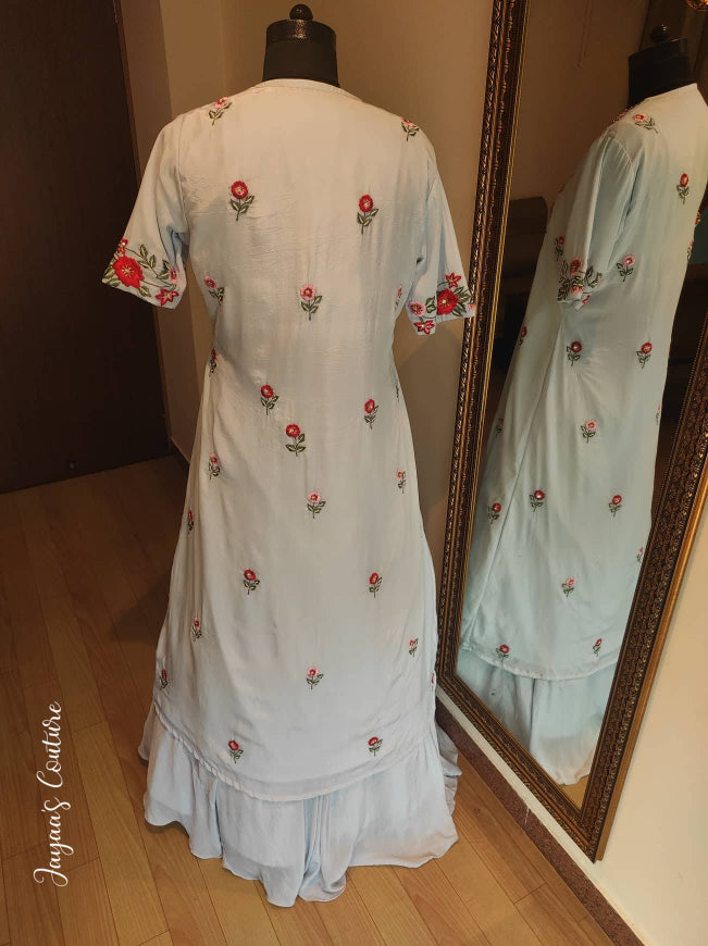 Pastel powder blue skirt crop top and shrug