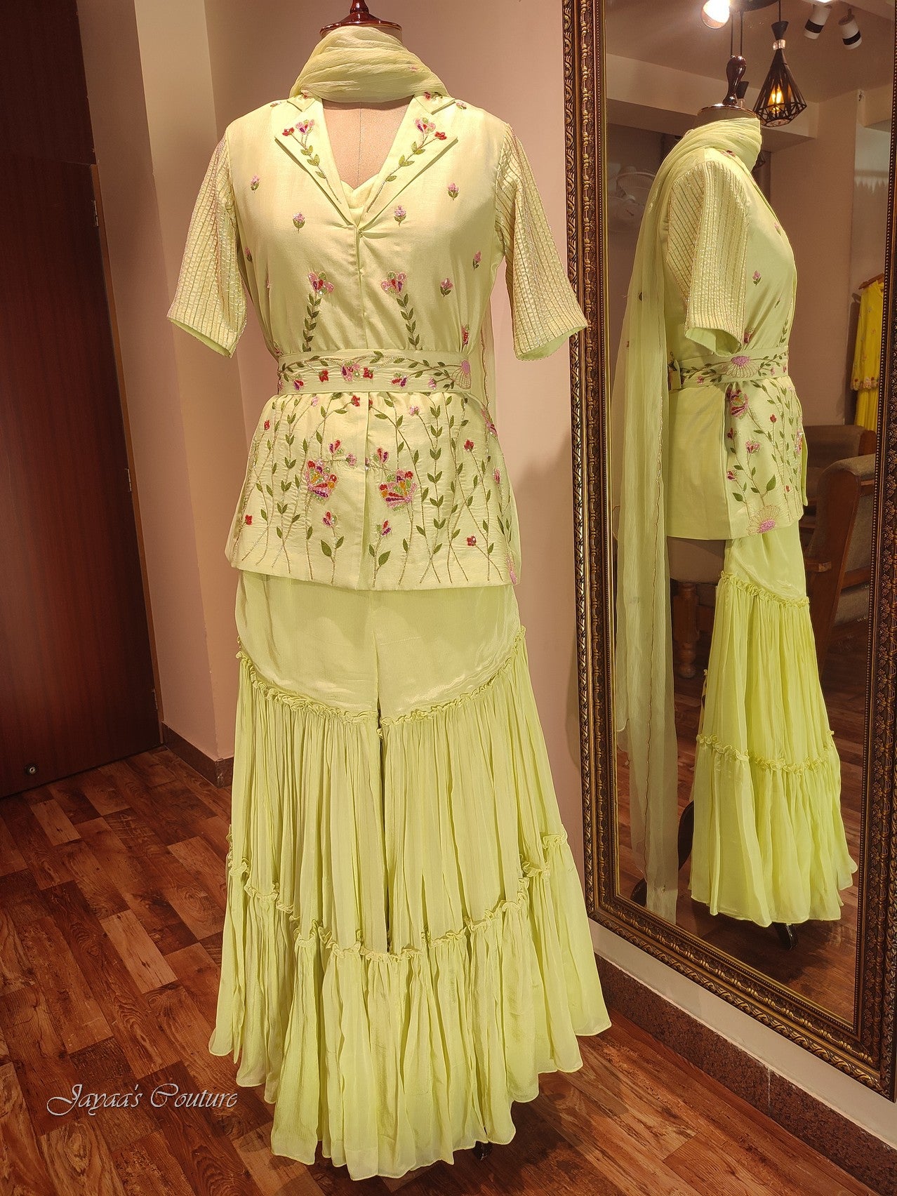Lyril Green crop top with sharara & Shrug