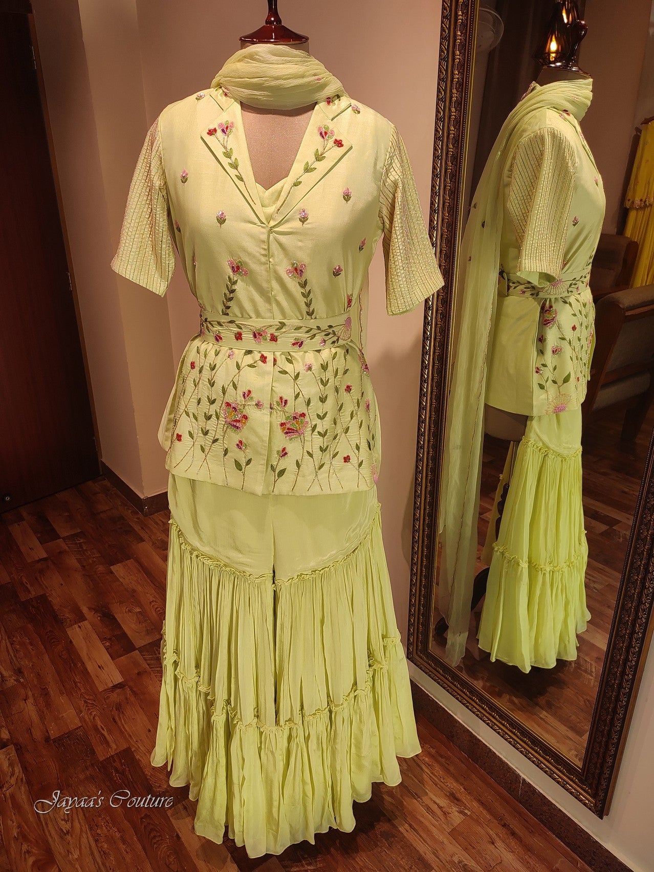 Lyril Green crop top with sharara & Shrug