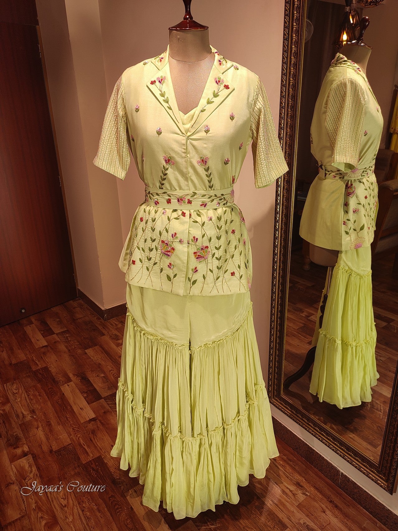 Lyril Green crop top with sharara & Shrug