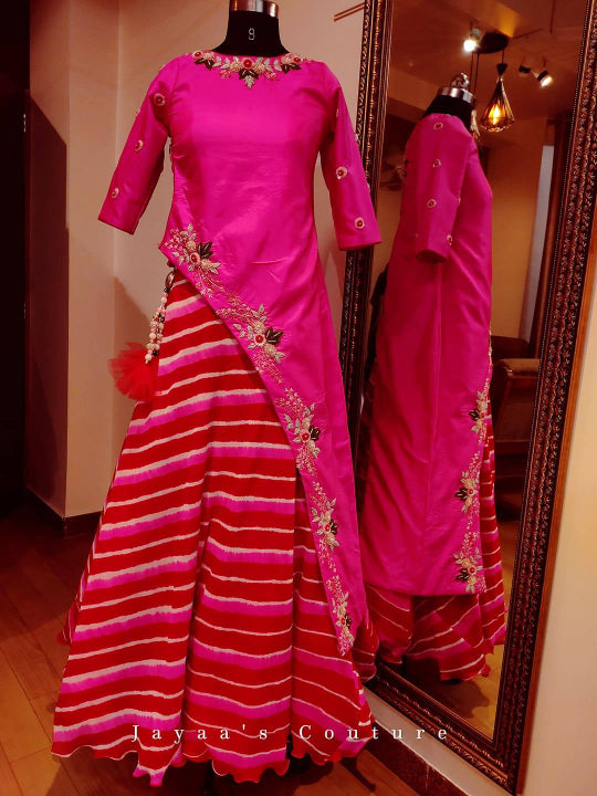 Hot Pink Kurta With Hand Embroidered Detailing paired with Leheriya Skirt