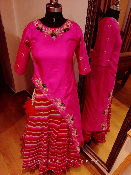 Hot Pink Kurta With Hand Embroidered Detailing paired with Leheriya Skirt