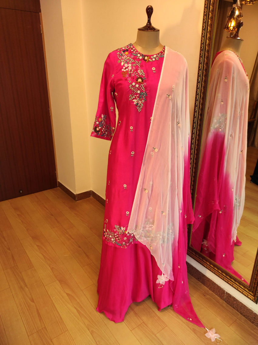 Fuscia pink kurta with skirt & dupatta