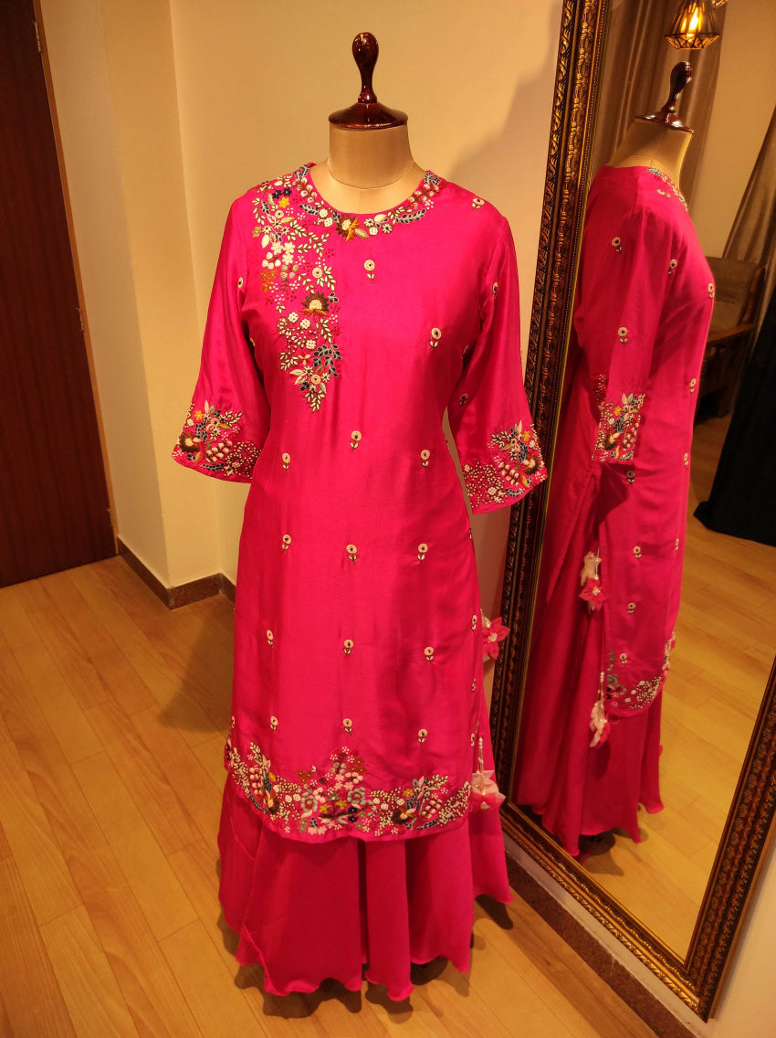 Fuscia pink kurta with skirt & dupatta