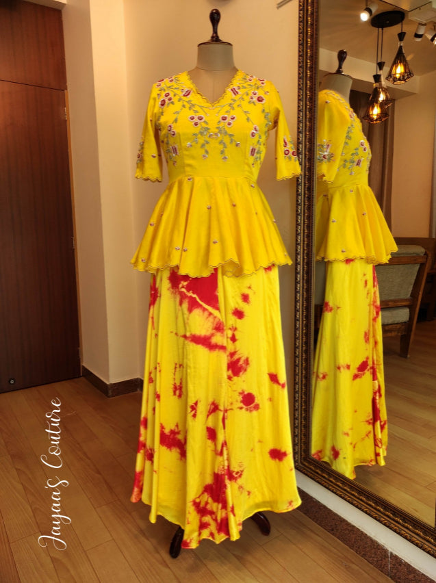 Yellow Peplum top with Red tie and dye skirt