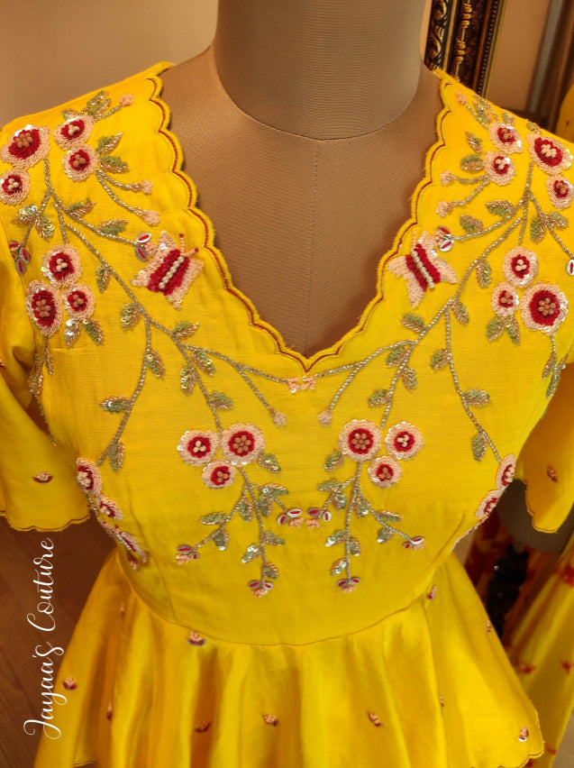 Yellow Peplum top with Red tie and dye skirt