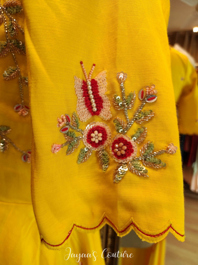Yellow Peplum top with Red tie and dye skirt