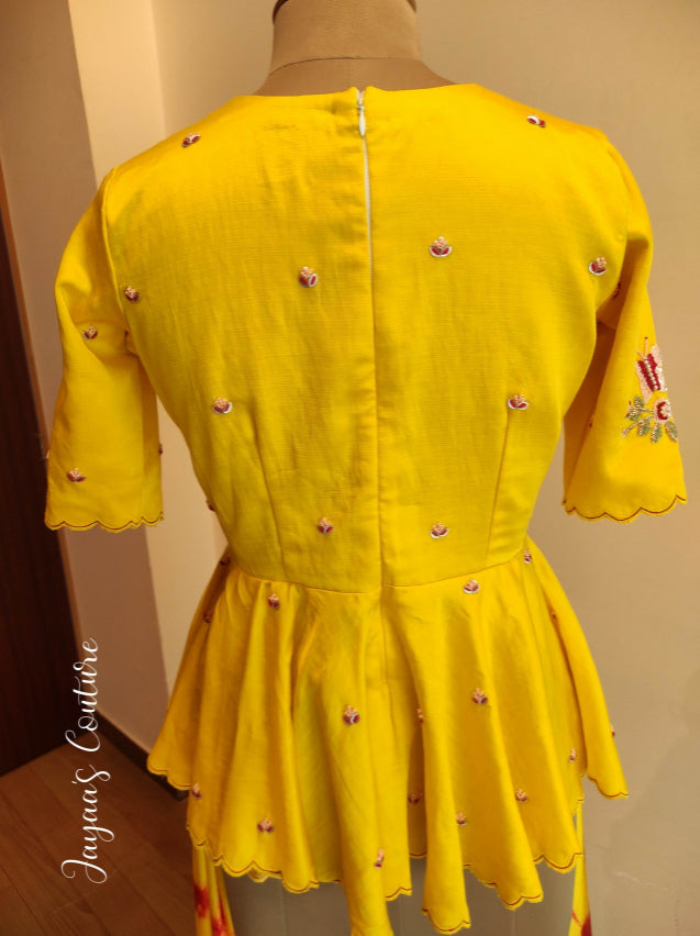 Yellow Peplum top with Red tie and dye skirt