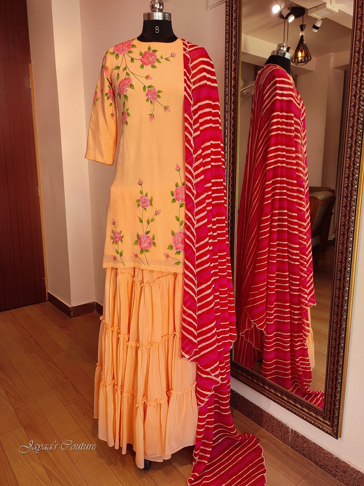 Peach hand painted short kurta with sharara & dupatta