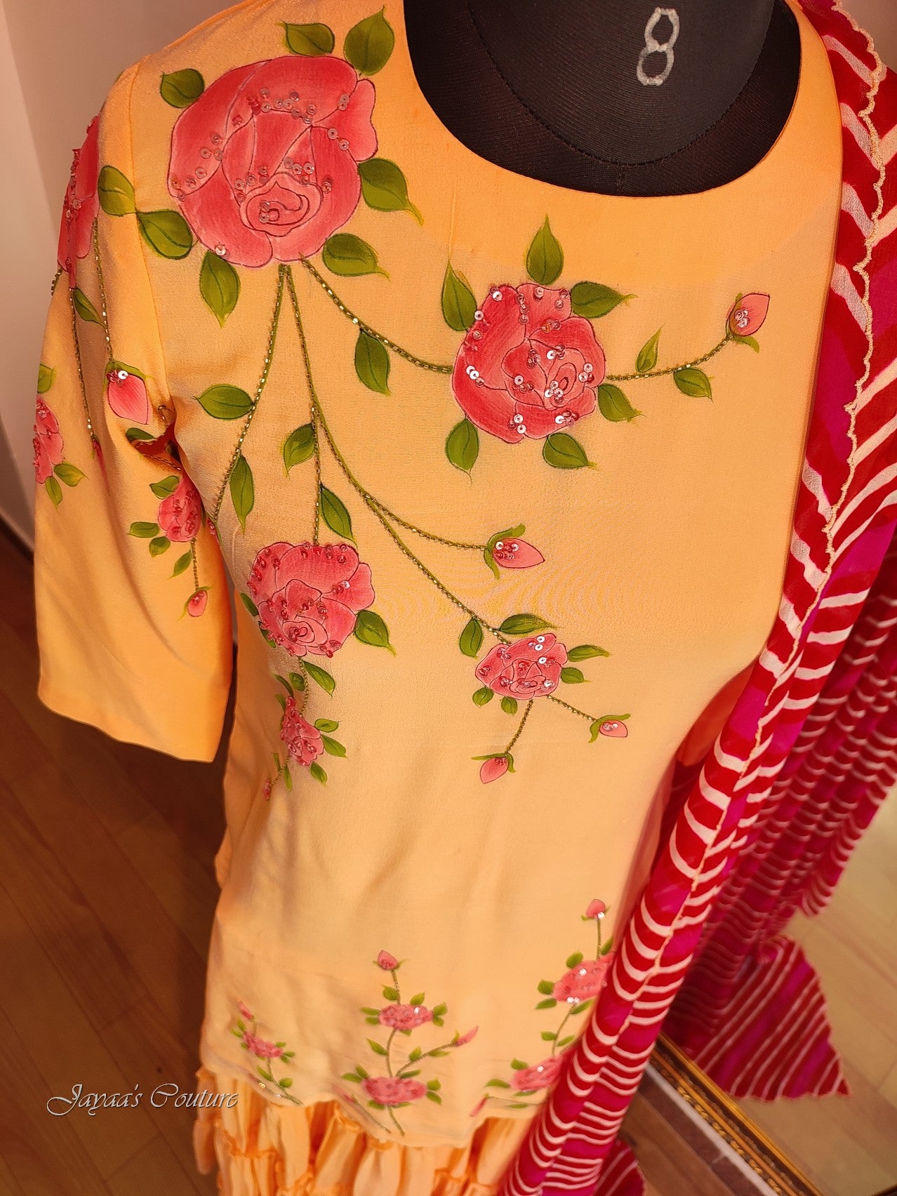 Peach hand painted short kurta with sharara & dupatta