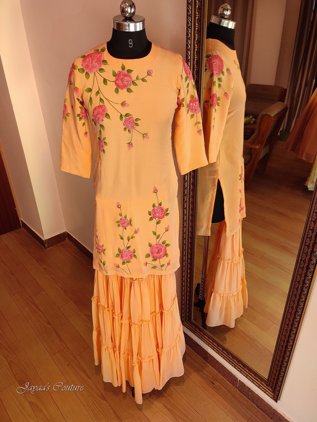 Peach hand painted short kurta with sharara & dupatta