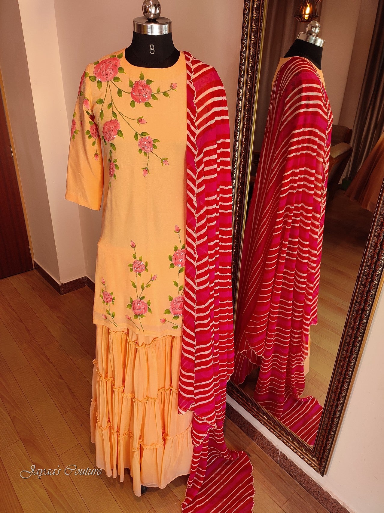 Peach hand painted short kurta with sharara & dupatta