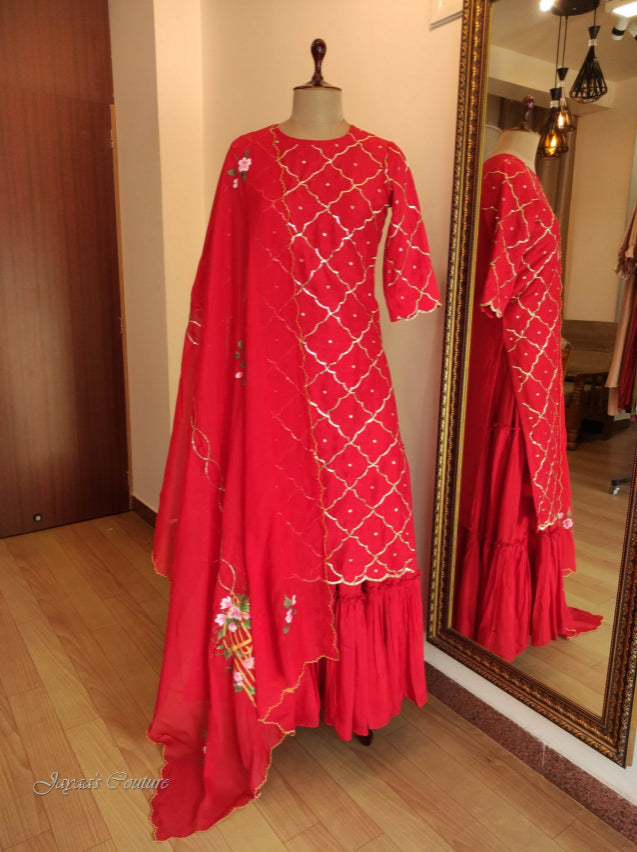 Red kurta skirt with hand painted dupatta