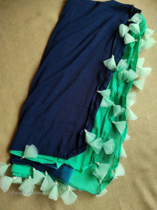 Navy blue kurta with badhani skirt & shaded dupatta
