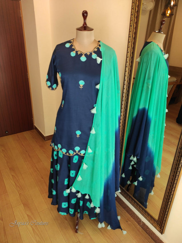 Navy blue kurta with badhani skirt & shaded dupatta