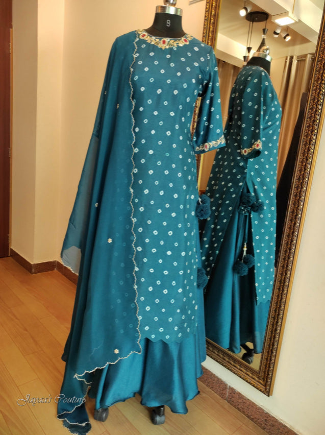 Turquoise green bandhani kurta skirt & dupatta