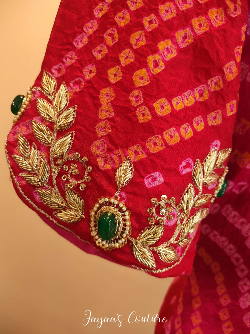 Fuscia pink bandhani kurta with skirt & dupatta