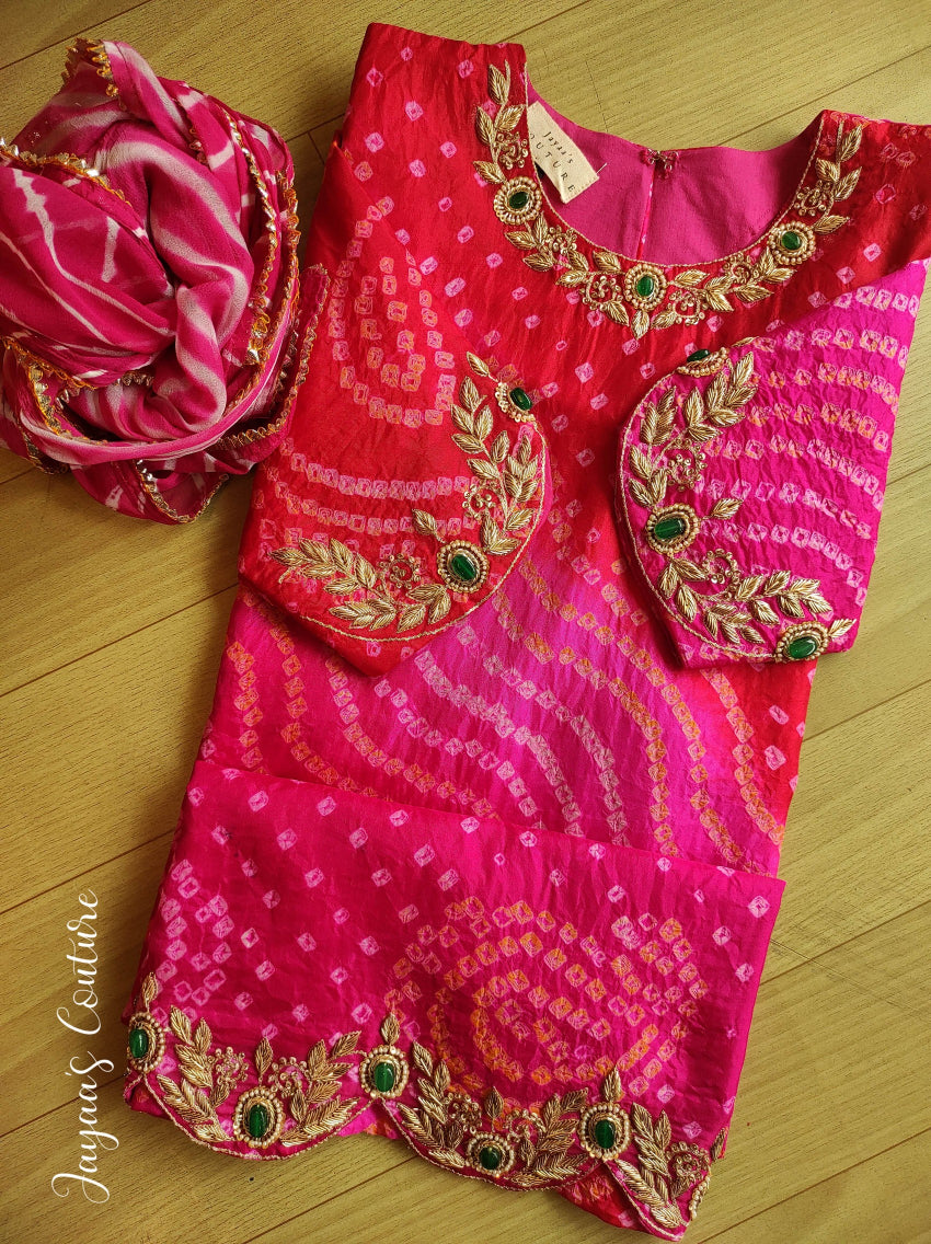 Fuscia pink bandhani kurta with skirt & dupatta