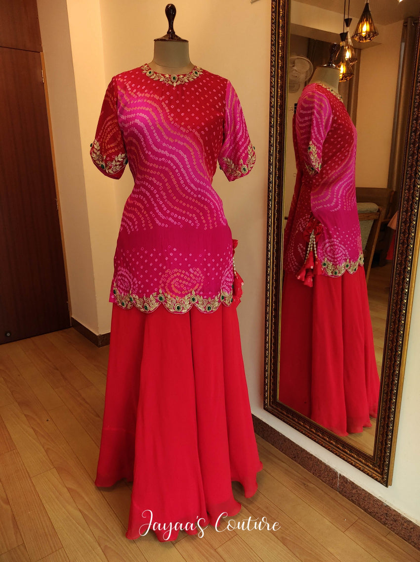Fuscia pink bandhani kurta with skirt & dupatta
